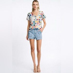 Ken Done Gallery Colorful Abstract Print V-Neck Top Exam Print Artwork 2017 M